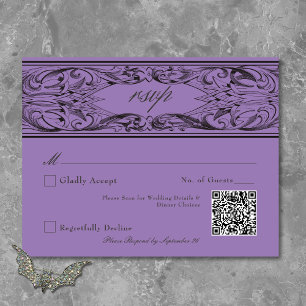 Victorian Bat Until Death Black & Purple Wedding RSVP Card