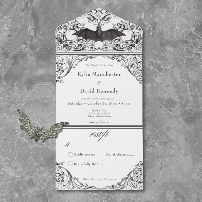Victorian Bat Until Death Black White No Dinner All In One Invitation (Creator Uploaded)