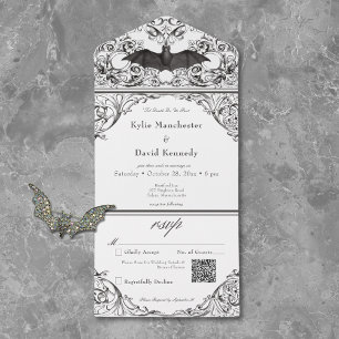 Victorian Bat Until Death Black White QR Code All In One Invitation