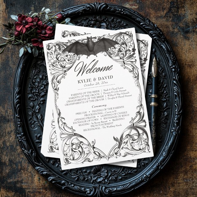 Victorian Bat Until Death Black & White Wedding Program (Creator Uploaded)