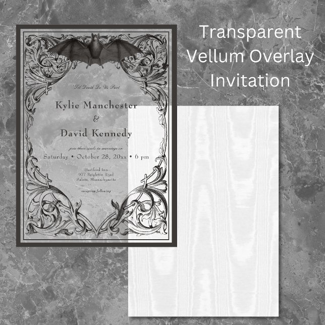 Victorian Bat Until Death Black & White Wedding Vellum Invitations (Creator Uploaded)