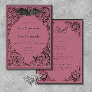 Victorian Bat Until Death Black & Wine Two Sided Invitation