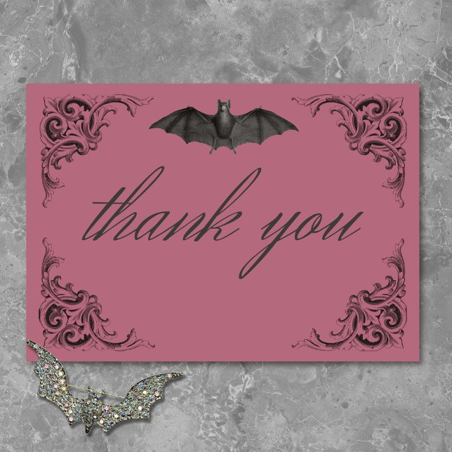 Victorian Bat Until Death Black & Wine Wedding Thank You Card (Victorian Bat Until Death Black & Wine Wedding Thank You Card)