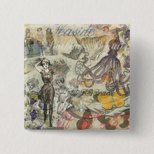Victorian Bathing Beauty Kraken Vintage Surrealism 2 Inch Square Button