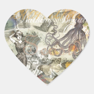 Victorian Bathing Beauty Kraken Vintage Surrealism Heart Sticker