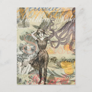 Victorian Bathing Beauty Kraken Vintage Surrealism Postcard