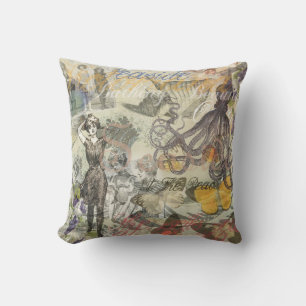 Victorian Bathing Beauty Kraken Vintage Surrealism Throw Pillow