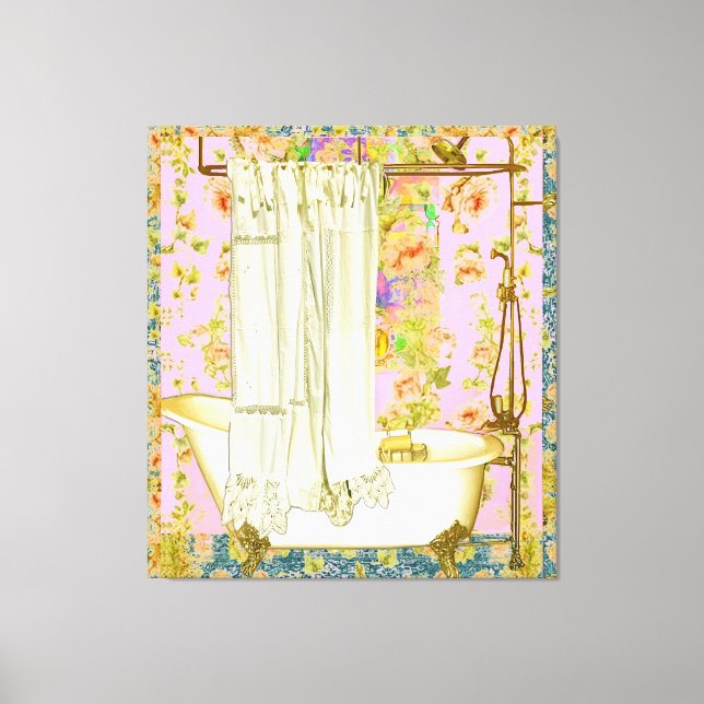 Victorian Bathtub Brass fixtures Pink Background  Canvas Print (Front)