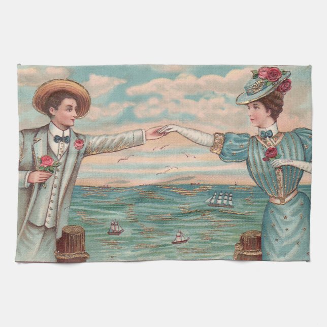 Victorian Beach Love Dressy Ocean Wedding Couple Kitchen Towel (Horizontal)