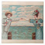 Victorian Beach Love Dressy Ocean Wedding Couple Tile<br><div class="desc">Love at the Beach! This vintage image is based on an antique postcard with a man and and a woman reaching out their arms to touch hands</div>