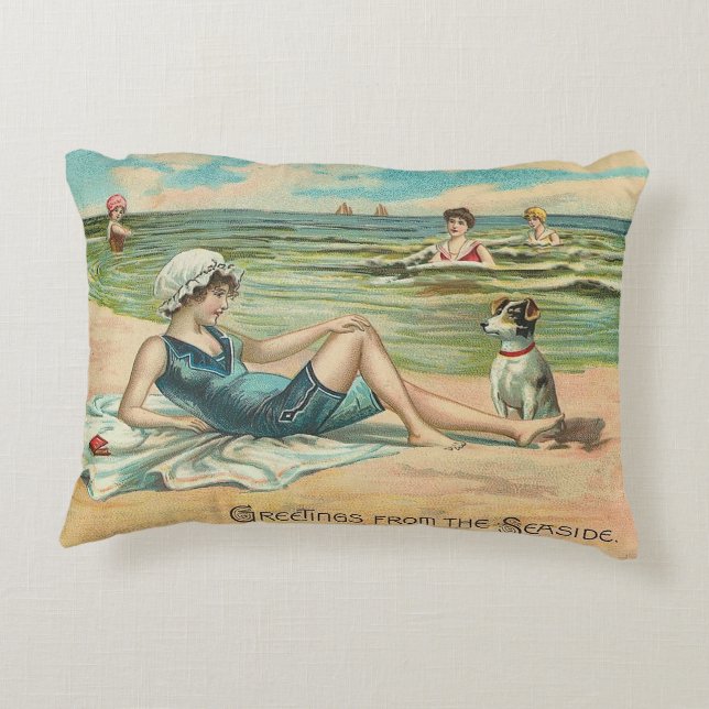 Victorian Beach Swim Girl Ocean Summer Vacation Accent Pillow (Back)