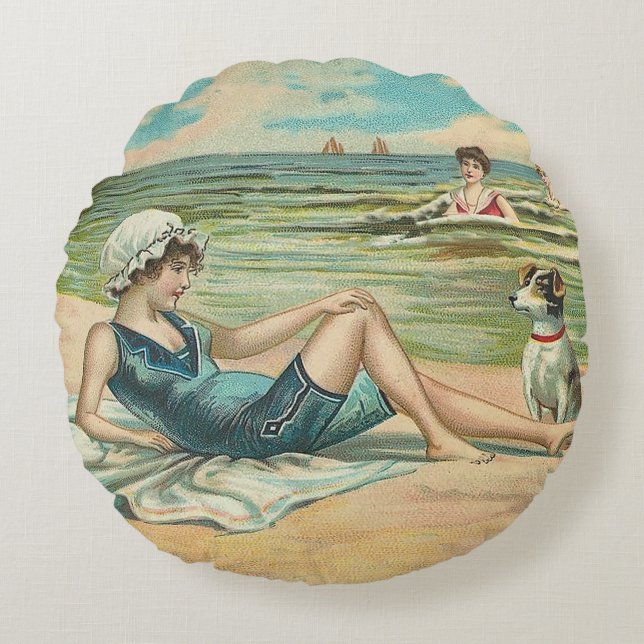 Victorian Beach Swim Girl Ocean Summer Vacation Round Pillow (Front)