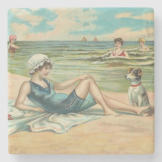 Victorian Beach Swim Girl Ocean Summer Vacation Stone Coaster (Front)