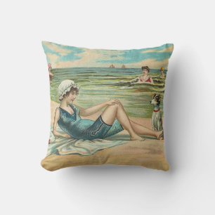 Victorian Beach Swim Girl Ocean Summer Vacation Throw Pillow