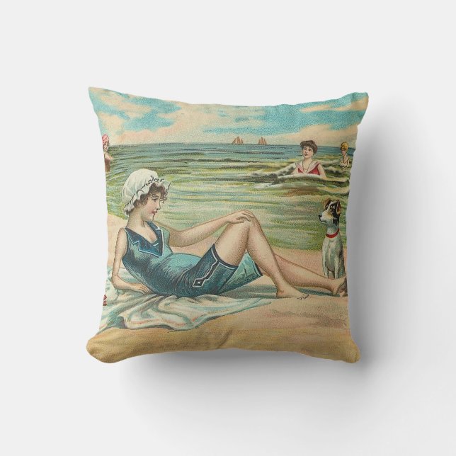 Victorian Beach Swim Girl Ocean Summer Vacation Throw Pillow (Front)