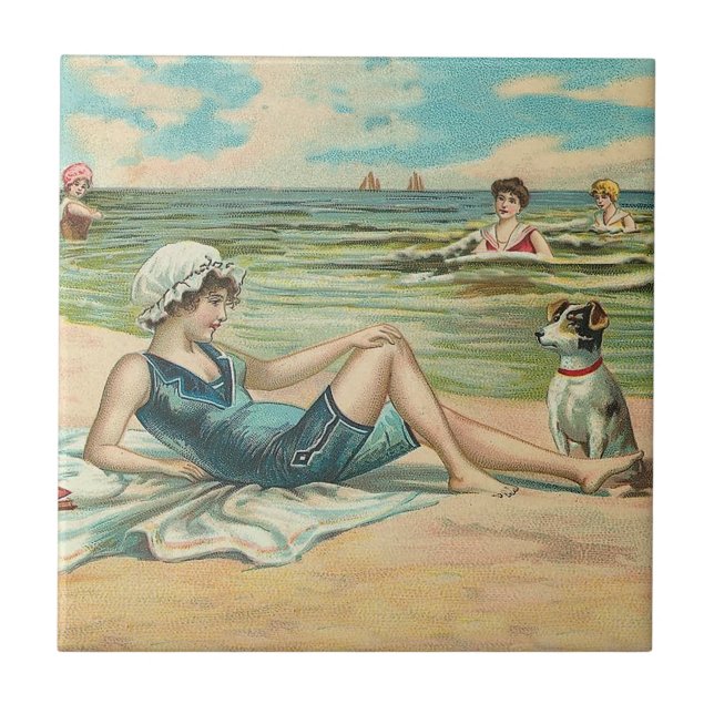 Victorian Beach Swim Girl Ocean Summer Vacation Tile (Front)