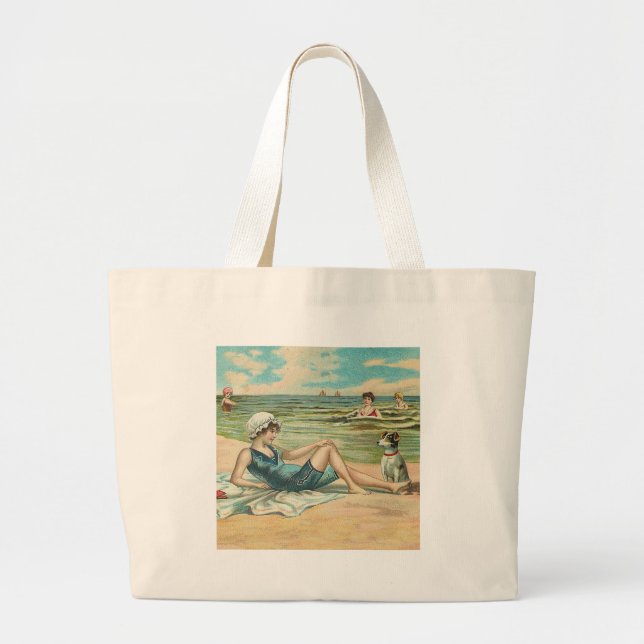Victorian Beach Swimming Girl Large Tote Bag (Front)