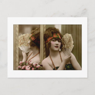 Victorian beauty with fan and reflection postcard