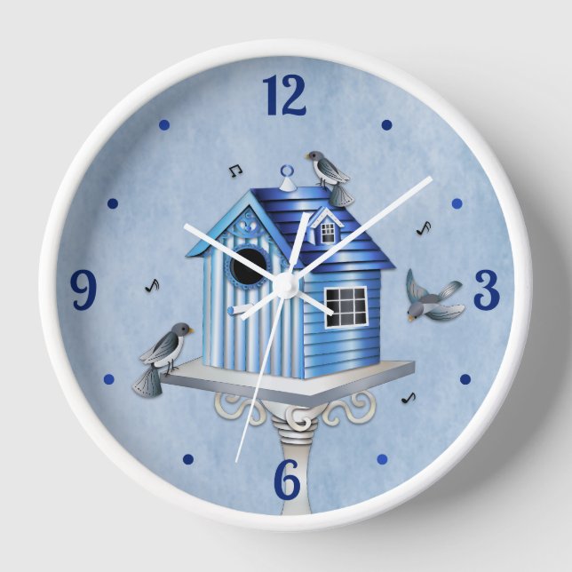 Victorian Birdhouse and Songbirds Shades of Blue Clock (Front)