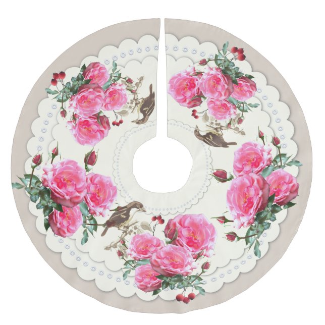 Victorian Birds Roses Christmas Tree Skirt (Front)