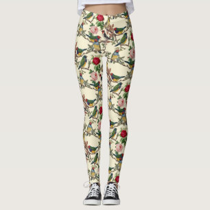 Victorian Birds Roses Retro Chintzy Vintage Floral Leggings