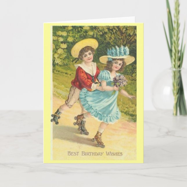 Victorian Birthday boy and girl on rollerskates Card (Front)