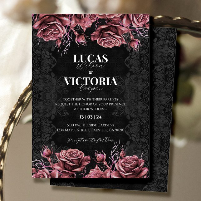 Victorian Black and Red Floral Gothic Wedding  Invitation (Creator Uploaded)