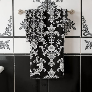 Victorian Black and White Damask Pattern Bath Towel Set