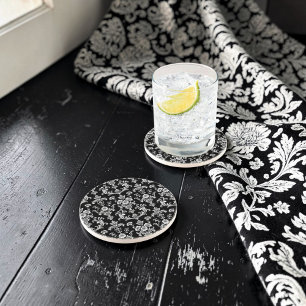 Victorian Black and White Damask Pattern Coaster