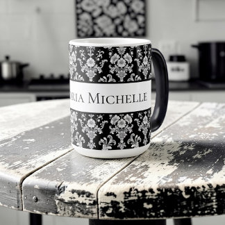 Victorian Black and White Damask Pattern Magic Mug