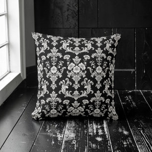 Victorian Black and White Damask Pattern Throw Pillow