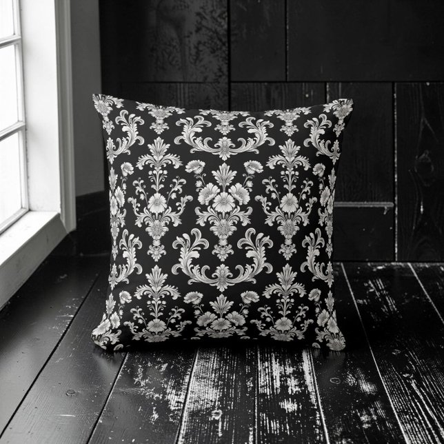 Victorian Black and White Damask Pattern Throw Pillow (Creator Uploaded)