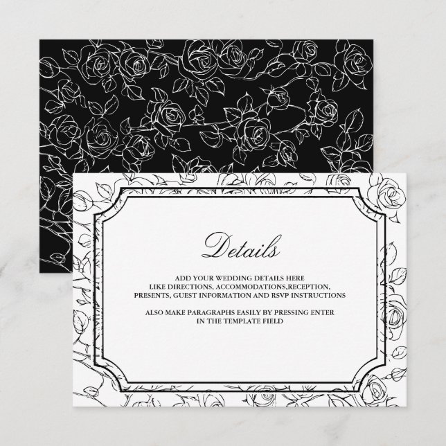 Victorian Black and White Line Art Wedding Details Enclosure Card (Front/Back)