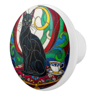 Victorian Black Cat Knob, pillow, mosaic, colourfu Ceramic Knob