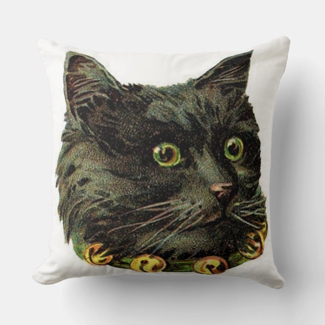 Victorian black cat with bell collar throw pillow (Front)