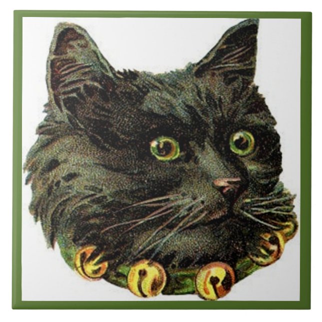 Victorian black cat with bell collar tile (Front)