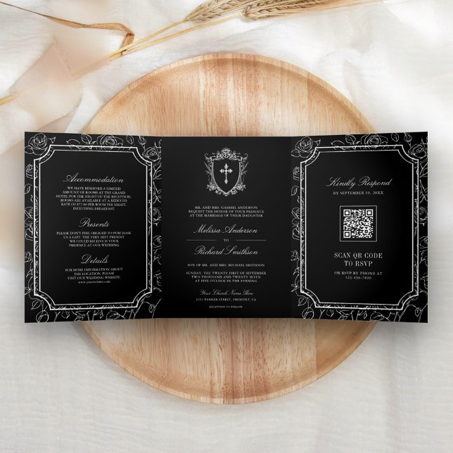 Victorian Black Catholic QR Code Wedding Tri-Fold Invitation (Creator Uploaded)