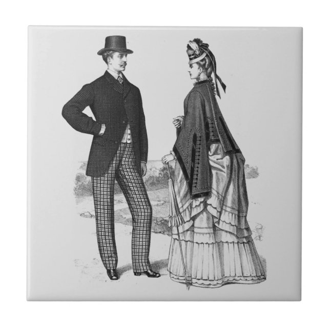 Victorian Black Grey Man Woman Elegant Tile (Front)