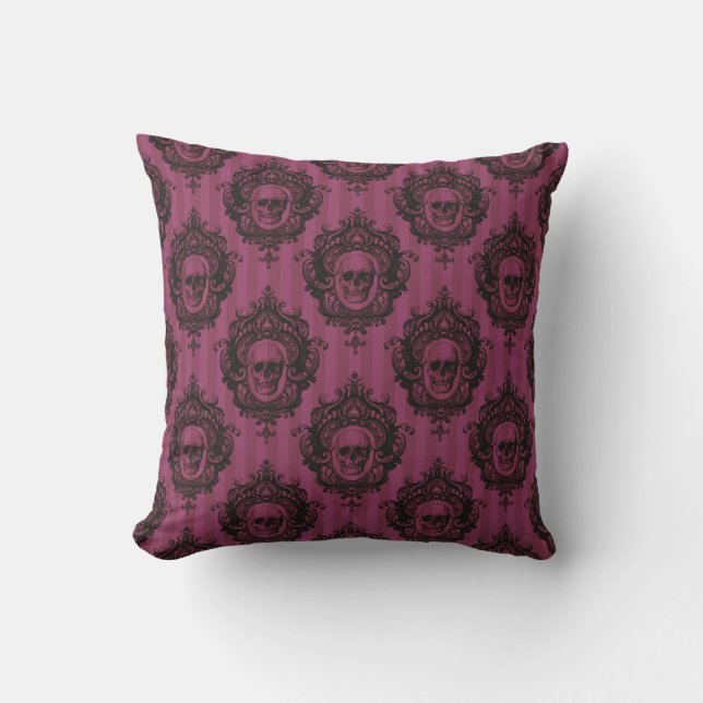 Victorian Black Skulls Pattern Pink Halloween Throw Pillow (Front)