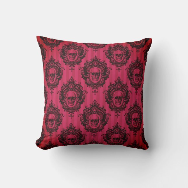 Victorian Black Skulls Pattern Red Halloween Throw Pillow (Front)