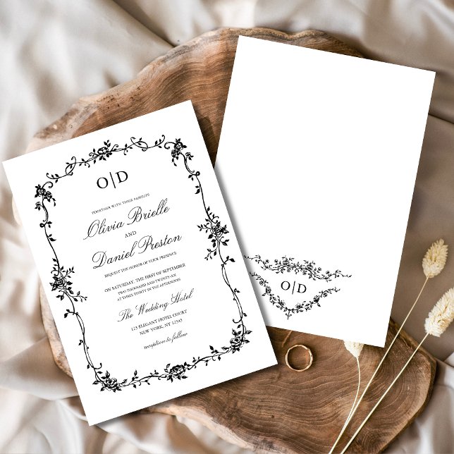 Victorian Black White Floral Wedding Monogram Invitation (Creator Uploaded)