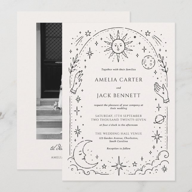 Victorian Blak and Ivory Celestial Wedding  Invitation (Front/Back)