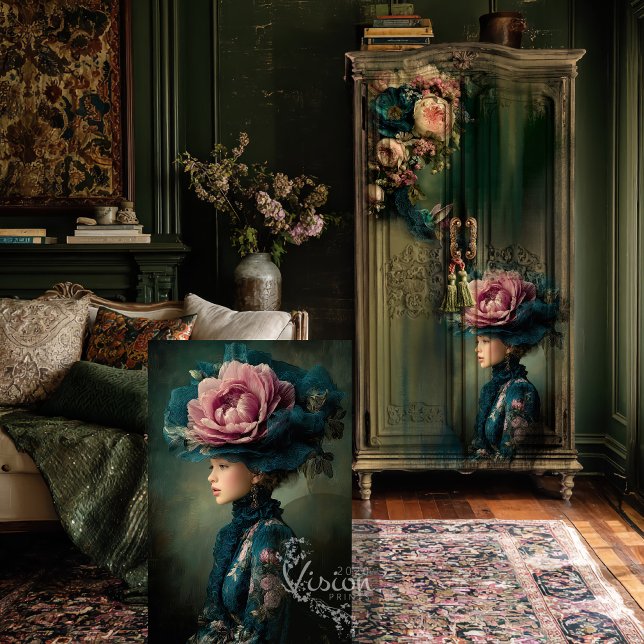 Victorian Bloom, Fantasy Portrait, Floral Couture Tissue Paper (Emerald Green Victorian Girl Dark Moody Romantic Portrait Art and Floral Hat, Decoupage Tissue Paper)