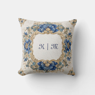Victorian Blue and Gold Baroque Floral Design Throw Pillow
