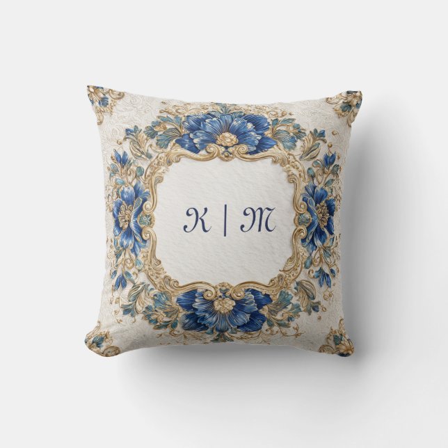 Victorian Blue and Gold Baroque Floral Design Throw Pillow (Front)
