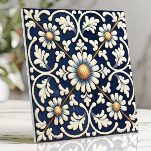 Victorian Blue and Ivory Daisy Pattern Tile
