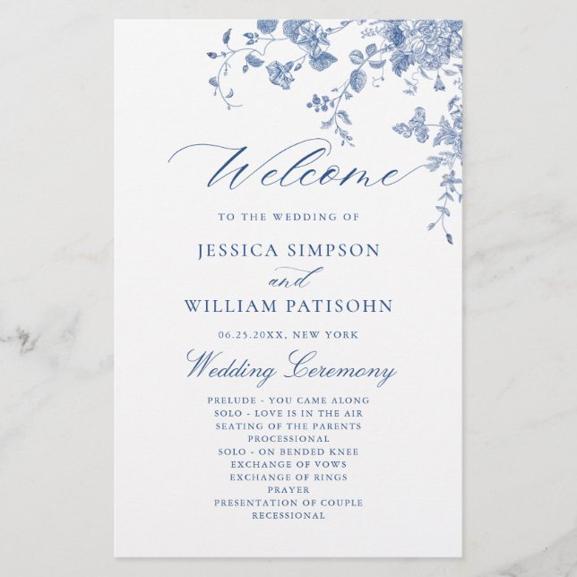 Victorian Blue Floral Mariage Cérémonie Programme (Devant)