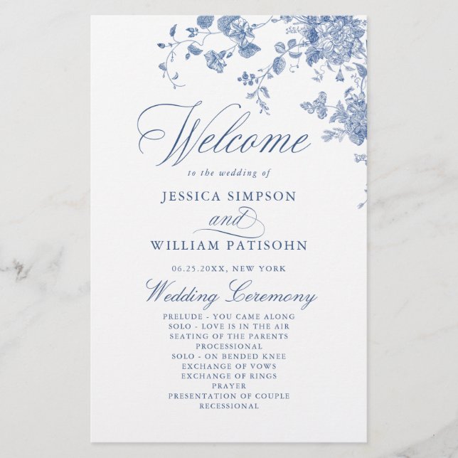 Victorian Blue Floral Wedding Ceremony Program (Front)