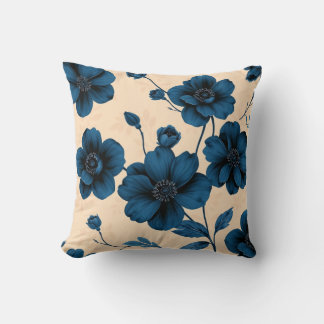 Victorian Blue Flowers on Beige Background Pillow