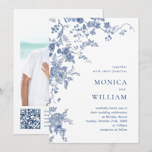 Victorian Blue French Floral Photo QR code Wedding Invitation